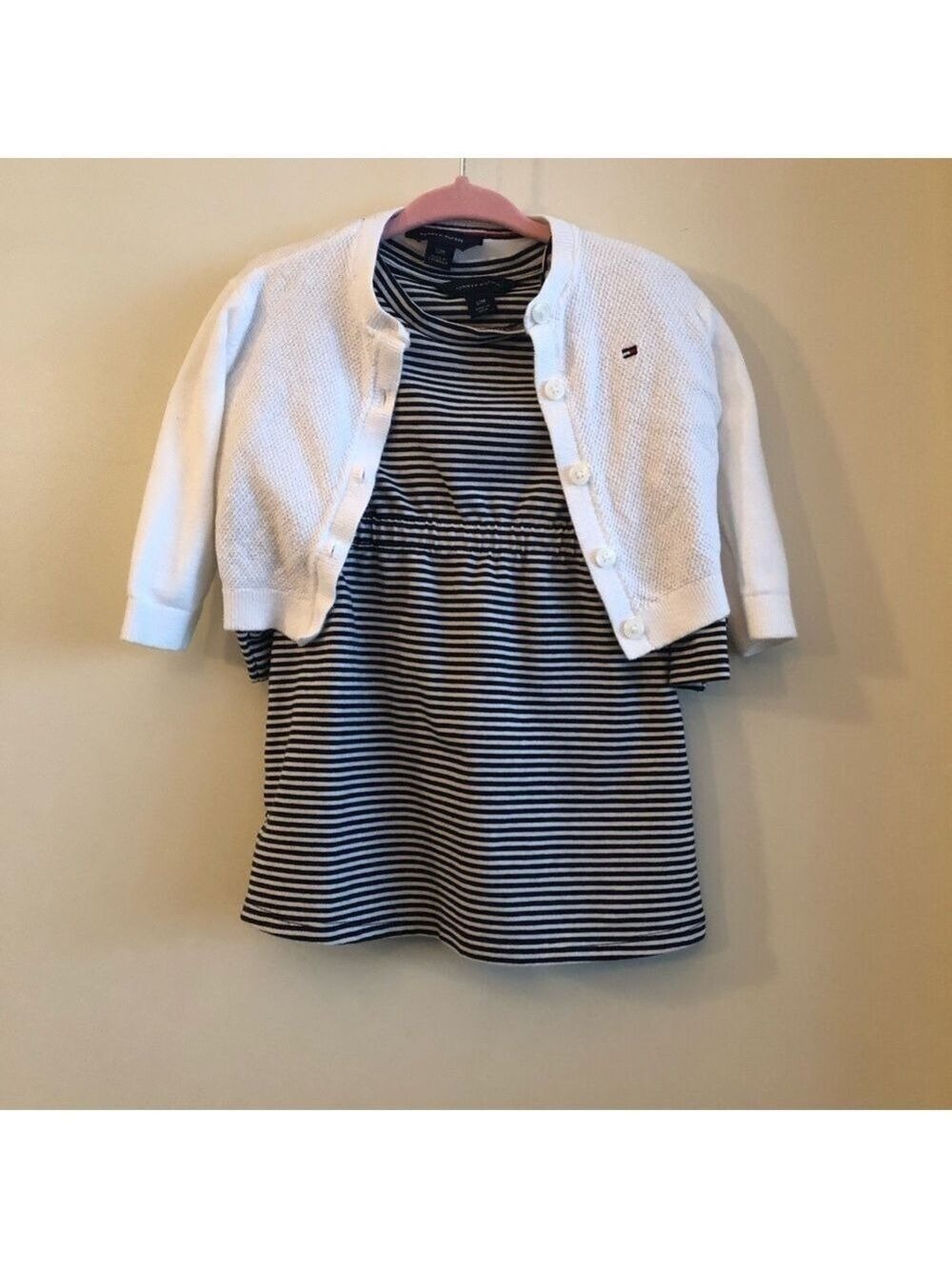 Tommy Hilfiger Baby Girl Navy Stripped Ruffle Dress and Cardigan 2-Piece 12M